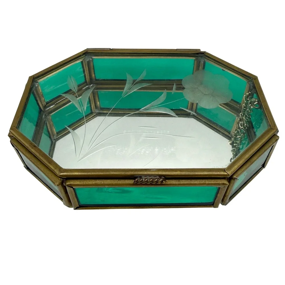 Vintage Emerald Green Glass Jewelry Trinket Box Etched Floral Brass Via Vermont